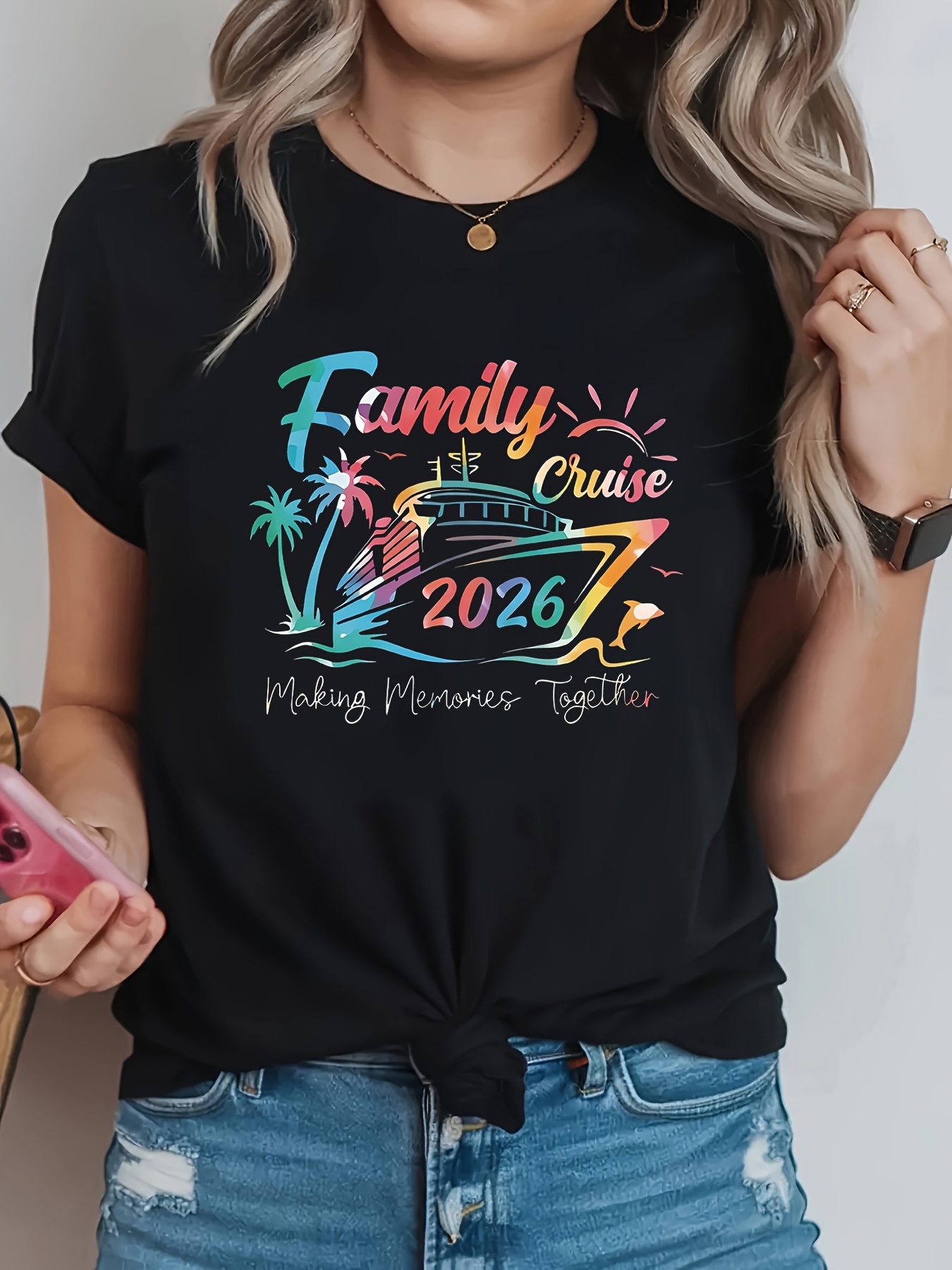 Family Tree Print - Plus Size Women Casual Round Neck