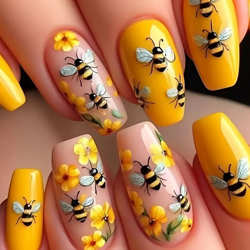 Pressed Flower Art - 24pcs/set Medium long fake nails for