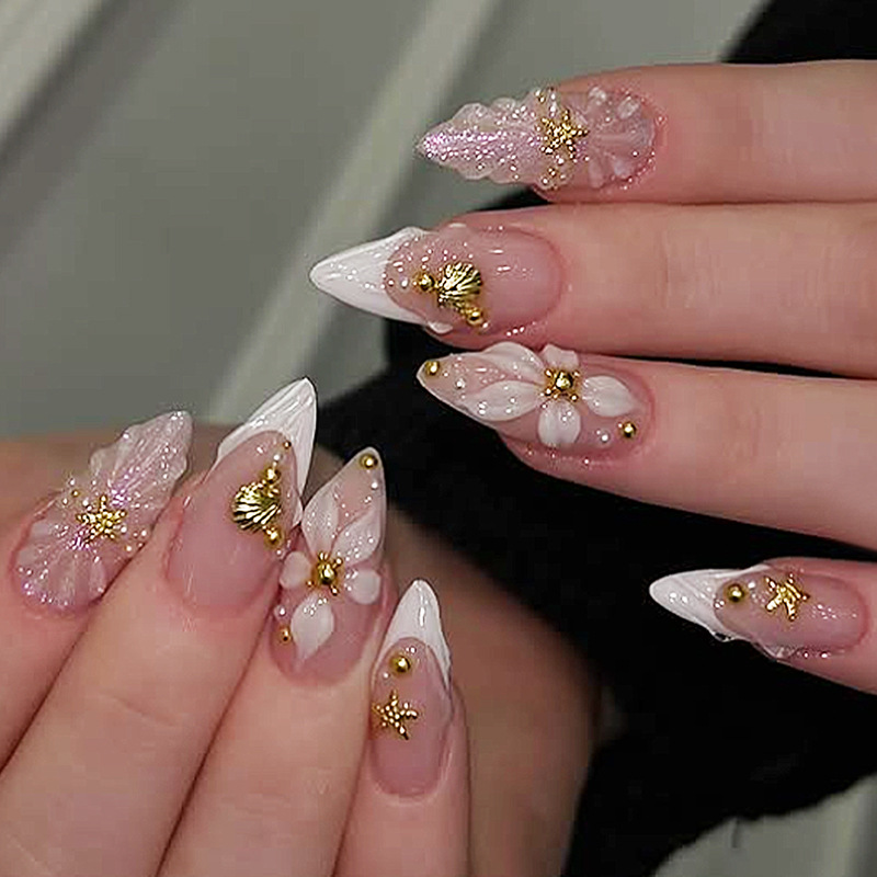 Pressed Flower Art - 24pcs Finished Almond Press on Nails