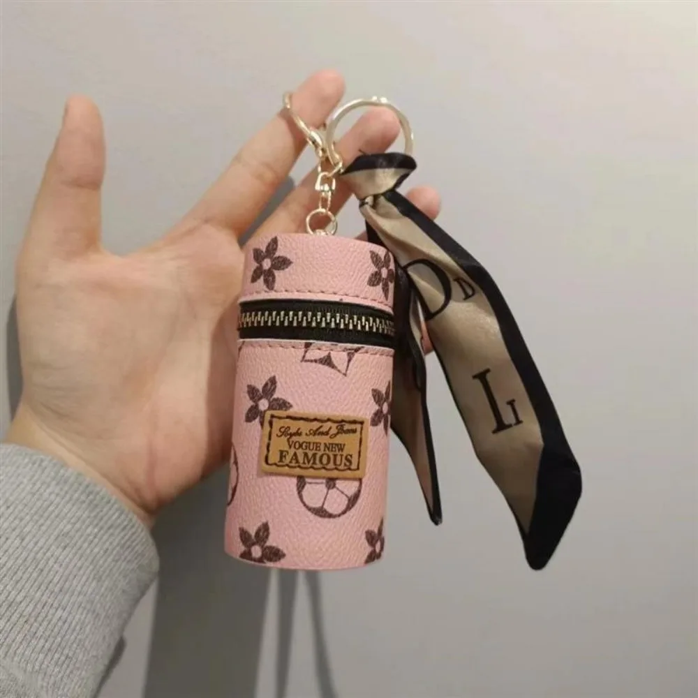 Monogram Keychain Leather - Pink Floral Monogram Print Cylindrical Mini