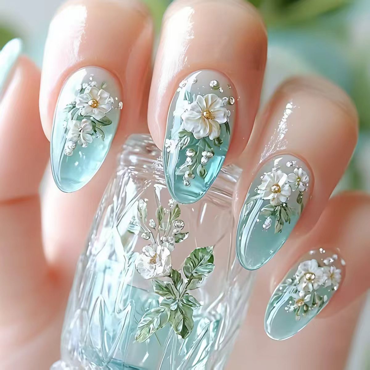Pressed Flower Art - Medium fake nails for women girls