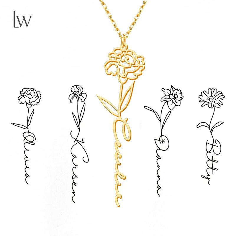 Birth Flower Necklace - Personalized Birth Flower Name Necklace Custom