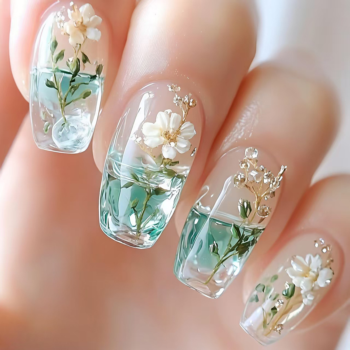 Medium fake nails for women gi - Pressed Flower Art recension och pris